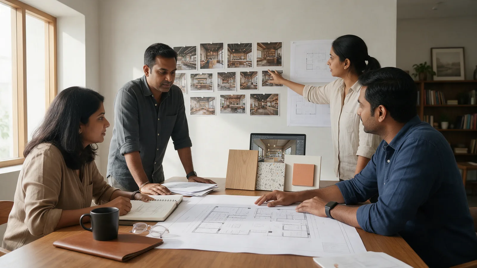 F&B brand team planning multi-outlet expansion with floor plans, material boards and photos of existing outlets